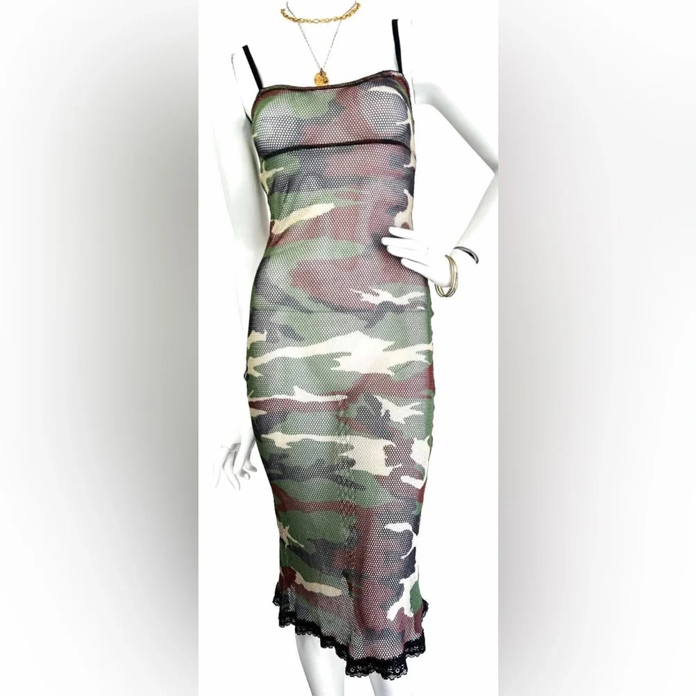 Vintage Dang Goodman Tripp NYC Dress Mesh Camouflage Sheer Green Midi Small